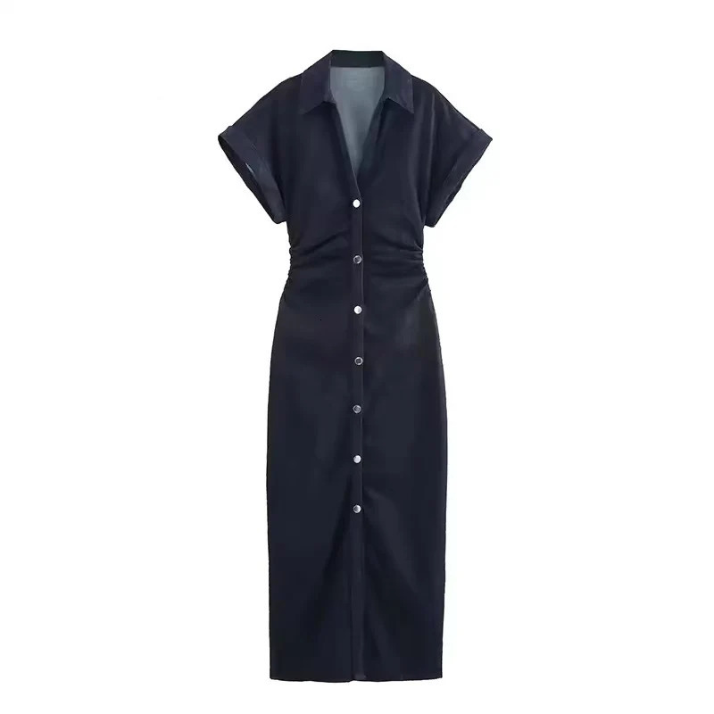 Denim Dress Spring Summer Casual Long Dresses For Women 2025 Fashion Ruched Short Sleeve Streetwear Midi 251009