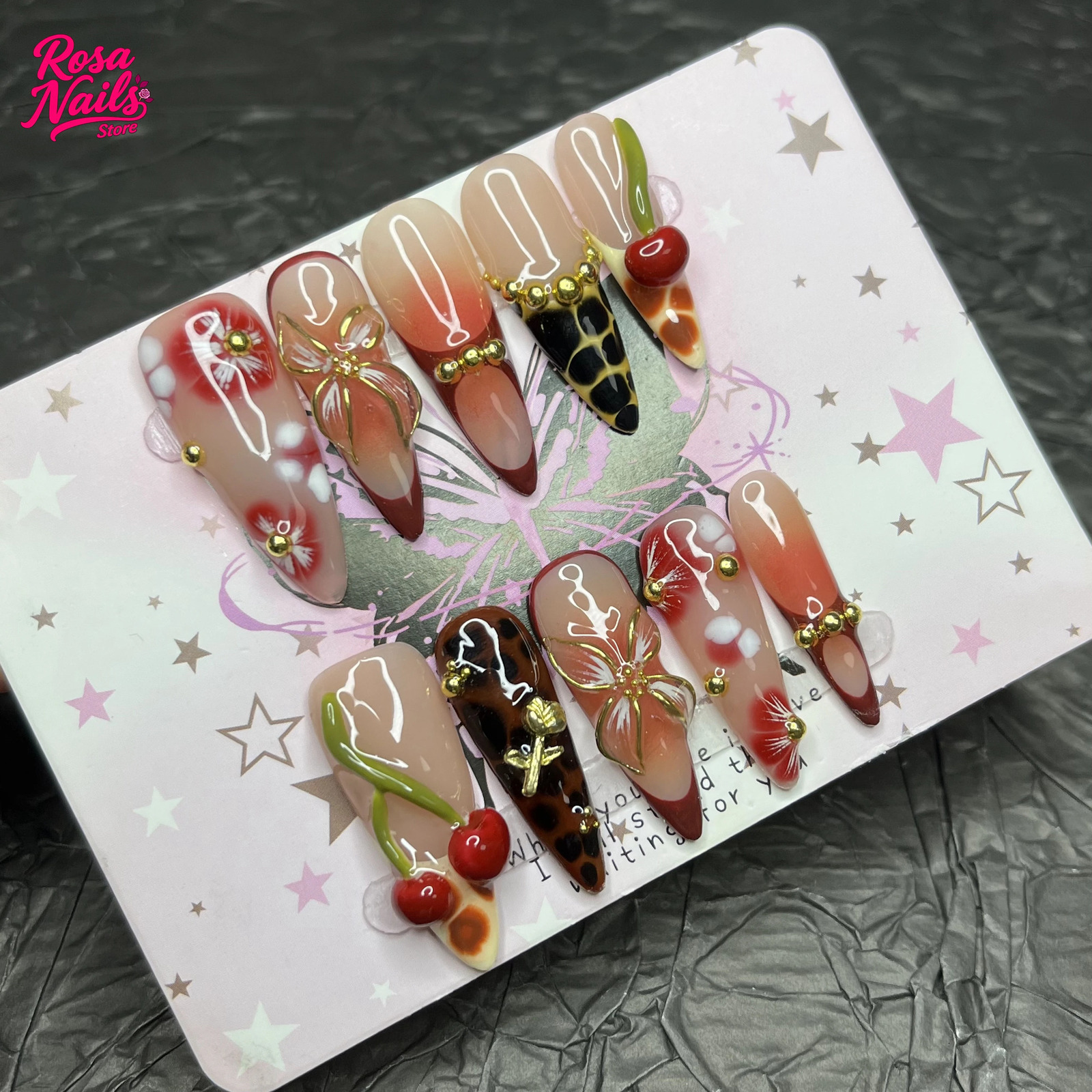 10pcs Handmade Press on Nails Long Stiletto 3D Cherry Press Ons Fall Autumn Gold Flower Golden Floral French Tips Nail Art Nails 251010