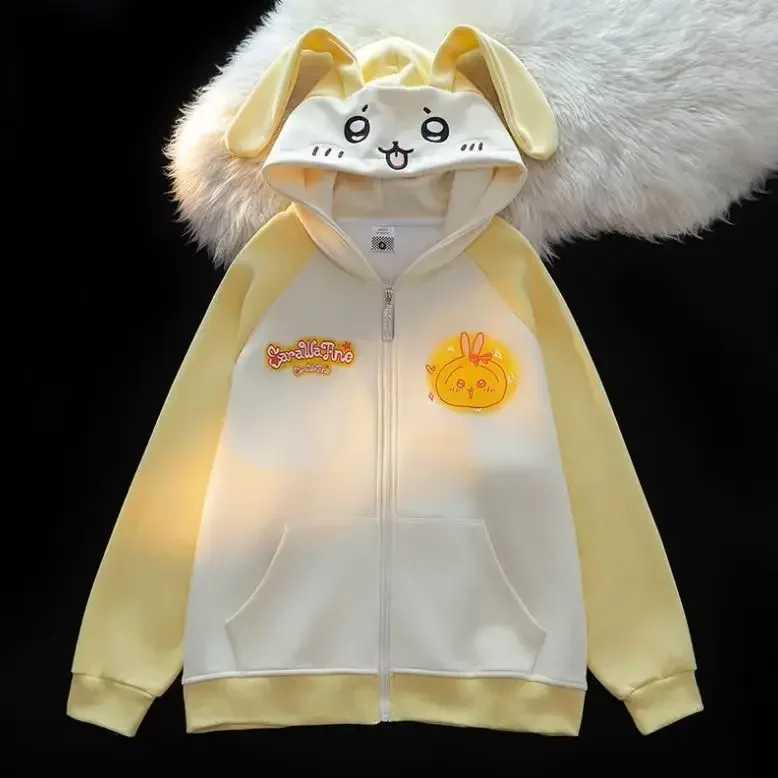 Chiikawa Animated Cartoon Cute Usagi Hachiware Rabbit Ears Hooded Sweatshirt Spring and Autumn Style New Loose Top Coat Girl Y251013