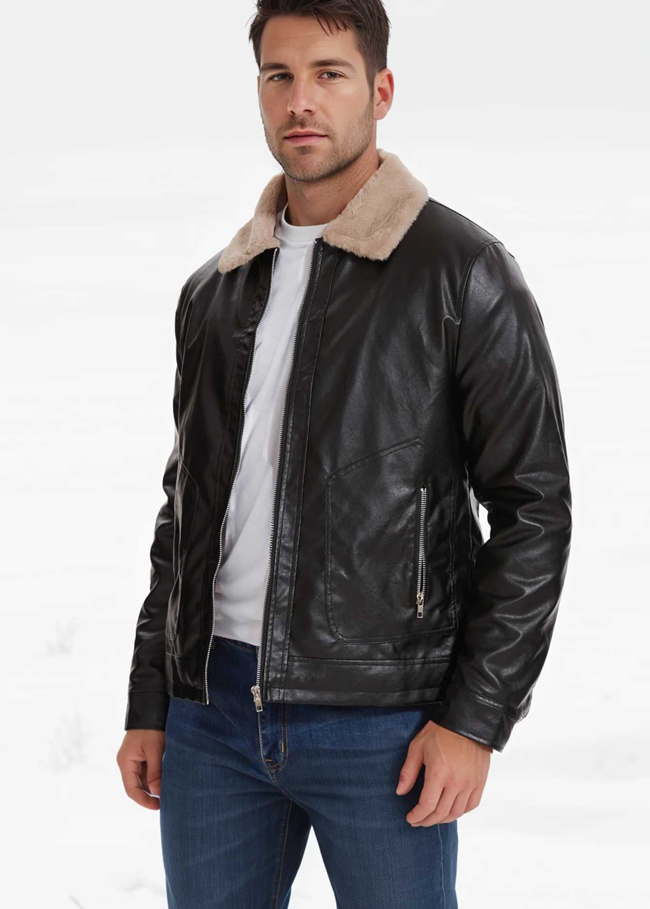 Mens Padded Lapel Leather Jacket Winter Fashion Jacket J251014