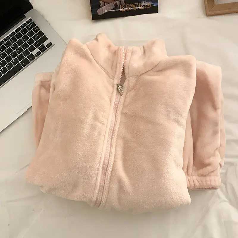 Fleece Sleepwear Women Zipper Pajama Sets Winter Piiama Warm Pants Sets 2 Pieces Solid Night Wears Long Sleeve Korean Home Suit Y251013