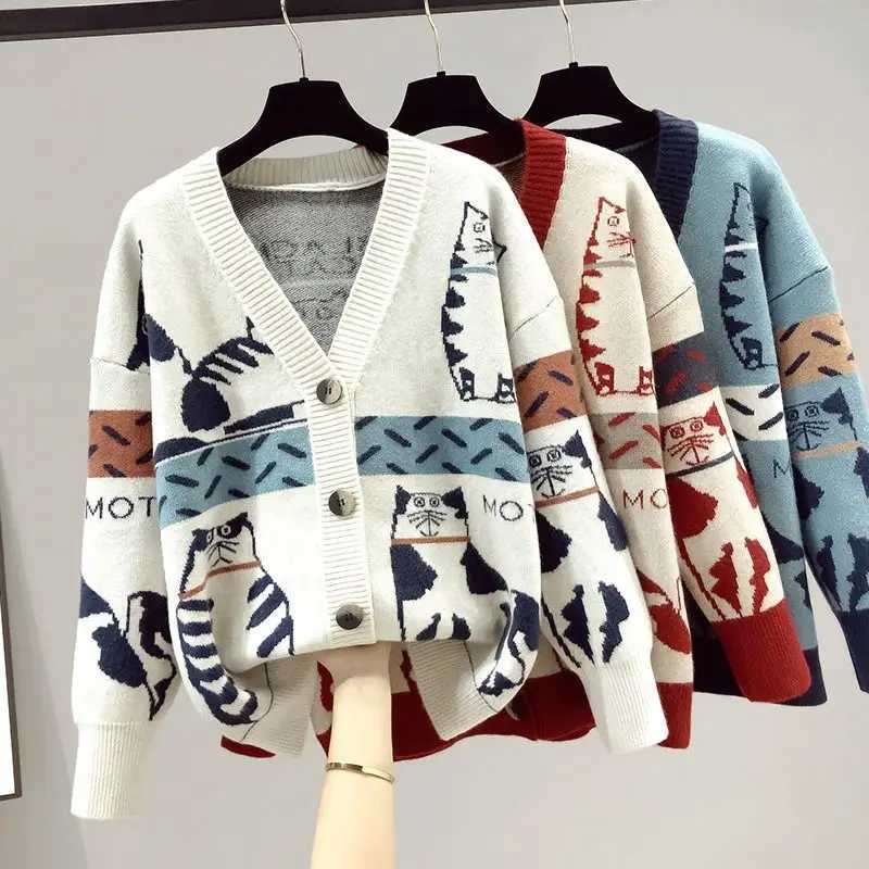 2023 Spring and Autumn New Cartoon Contrast Color Fashion Sweater Womens Vne Knitted Cardigan Coat Trend W251014