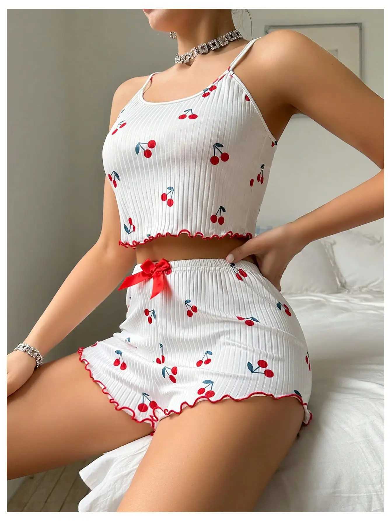 Two Piece Pajama Sets of Womens Cherry Print Crop Top High Waist Shorts with Lettuce Trim Sleepwear Cute for SummerT251014