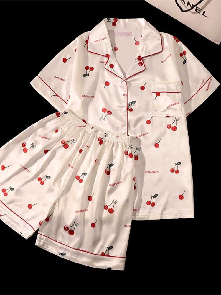 Cherry Print Silk Pajamas Set for Women Summer Short Sleeve Shirt and Shorts Two Pieces Sleepwear Homewear NightwearT251014