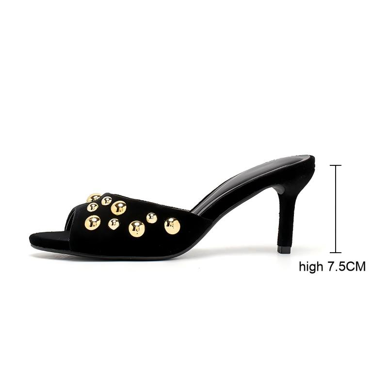 Women's Fashion Black Velvet Studded Stiletto Heel Mules - Elegant Round Toe Slip-On High Heels-6117