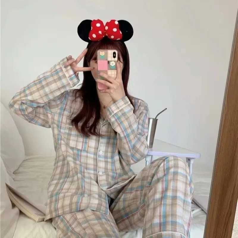 Pajamas Women Spring and Summer Long Sleeve Luscious Loungewear TwoPiece Set Ladies Cardigan Lapel Plaid Nightwear HomewearT251014