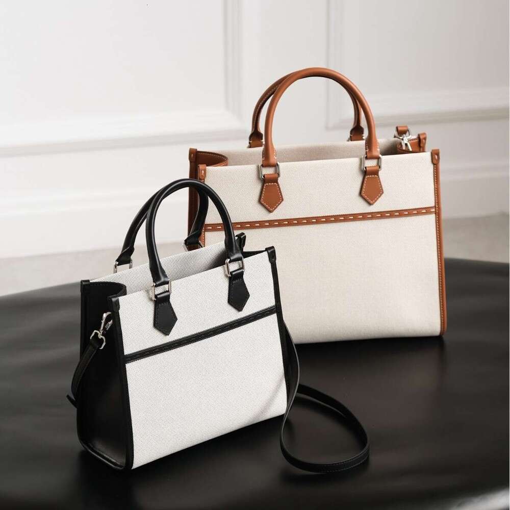 Luxury bag Women s New Cotton Linen Canvas and Cowhide Tote Bag Fashion Color Block Large Capacity Handbag