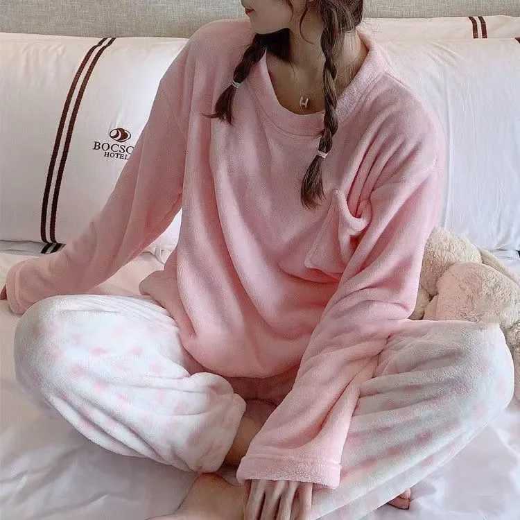 Fashionable Autumn Winter Womens Pajama Set Coral Velvet Long Sleeve Plaid Thickened Flannel Cotton Cute Plus Size HomewearT251014