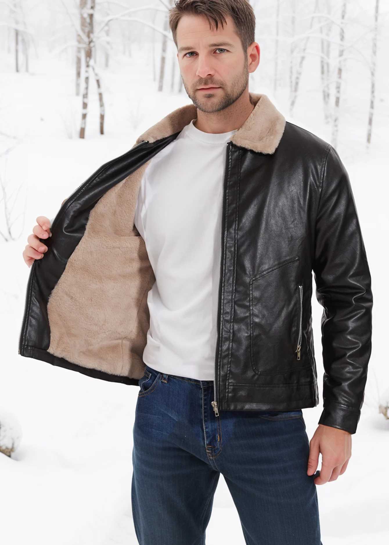 Mens Padded Lapel Leather Jacket Winter Fashion Jacket J251014