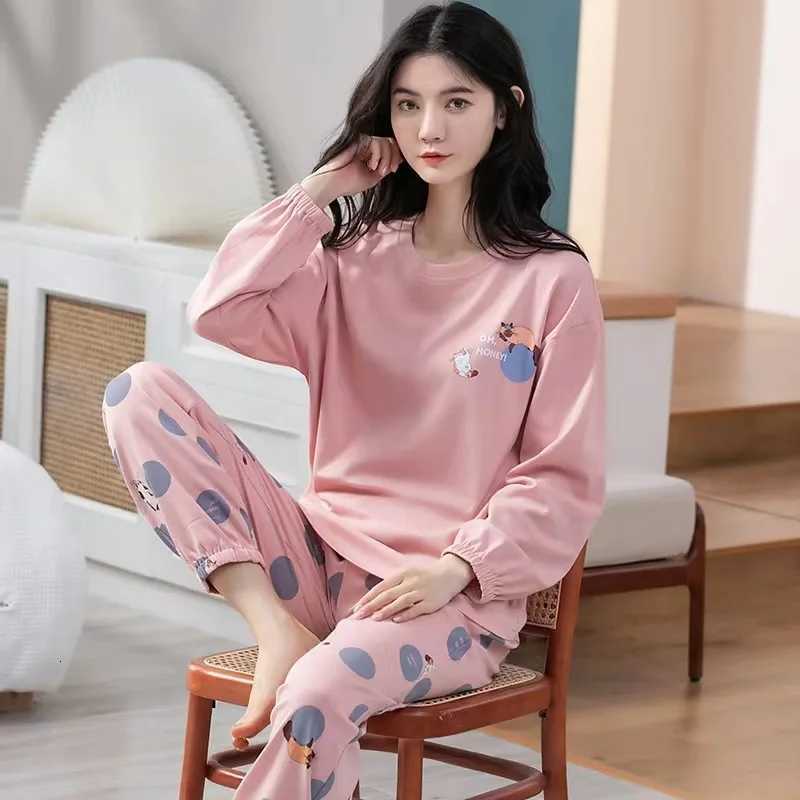 Womens Sleepwear PolyesterCotton Blend Cartoon Pajamas Student Nightwear Homewear TwoPiece Tops and Pants Suit LoungewearT251014