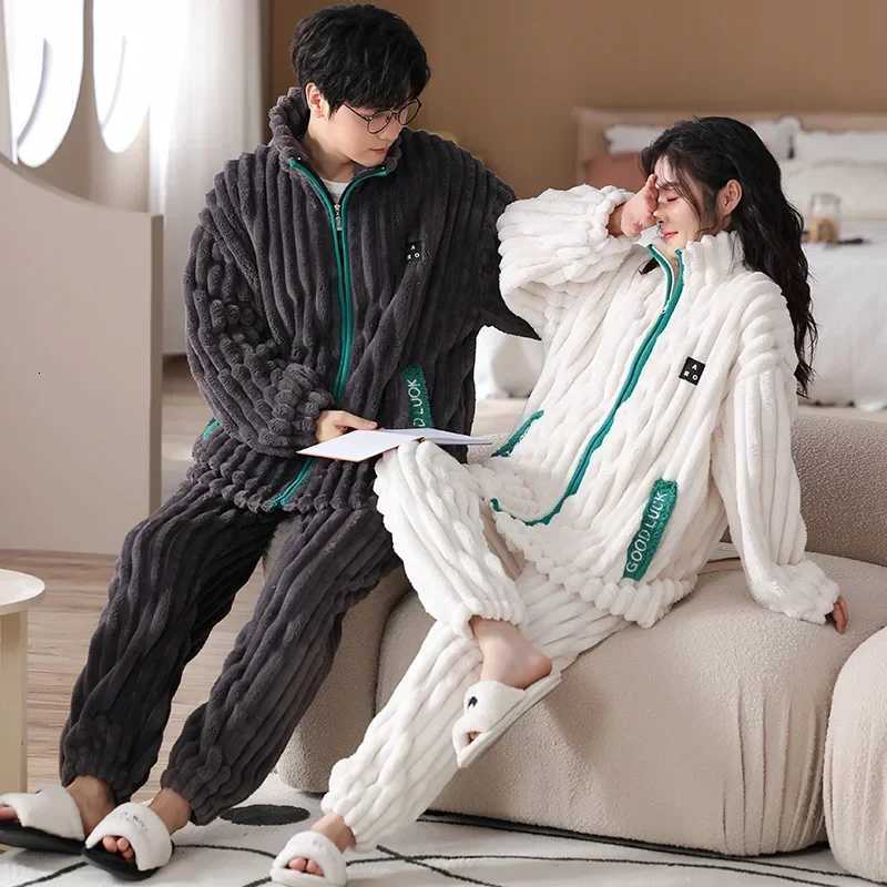 Coral Fleece Pajamas Couple Autumn and Winter Student Womens Thickened Warm Mens Flannel Loose Zipper Homewear Set pyjamasT251014