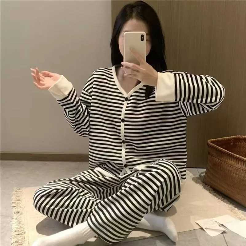Winter Women Nightwear Striped LongSleeved Trousers Loose and Soft Loungewear Large Size 2 Piece Set Button up Student PajamasT251014