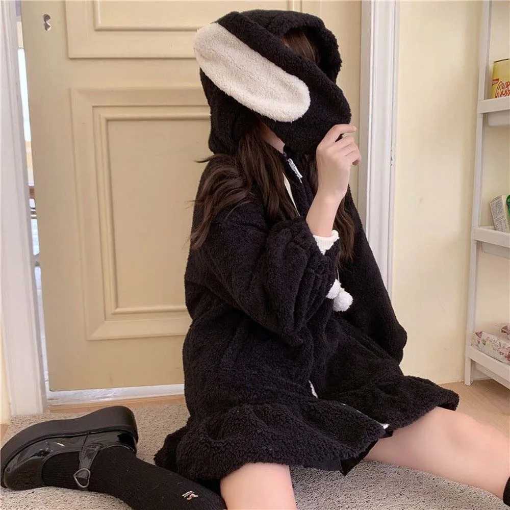 Casual Plush Rabbit Ears Hoodies Cartoon Pajamas Kawaii Sweatshirts for Women Warm Coat Harajuku Long Sleeve Hoodies Holiday Y251013