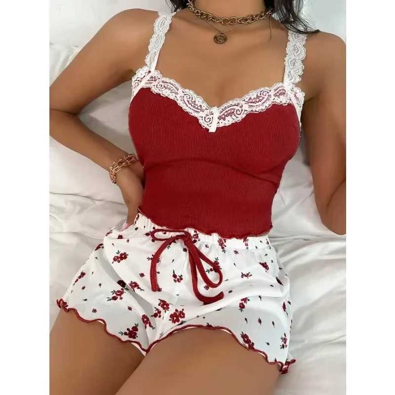 2Pcs Women Pajama Set Pink Lace Patchwork VNeck Sleepwear Sexy Nighties Suit Cami Top Printed Shorts Soft Pyjamas LoungewearT251014