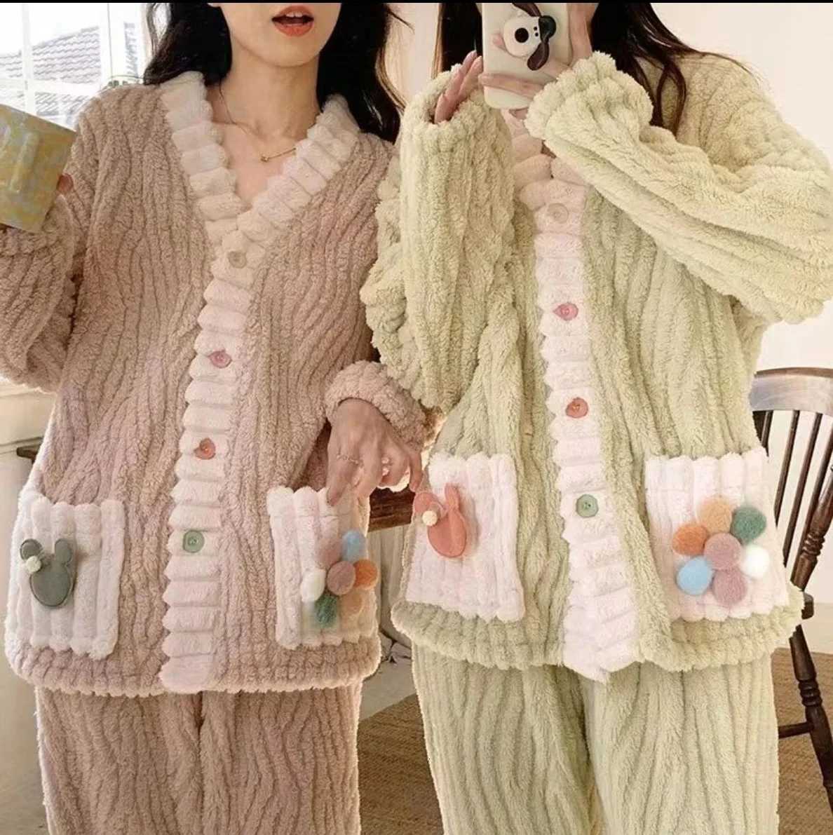 Thickened Warm Flannel Women Sleepwear Loungewear Cardigan Suit Winter Sweet Kawaii Soft Fairy Wind Ladies Pajamas HomewearT251014