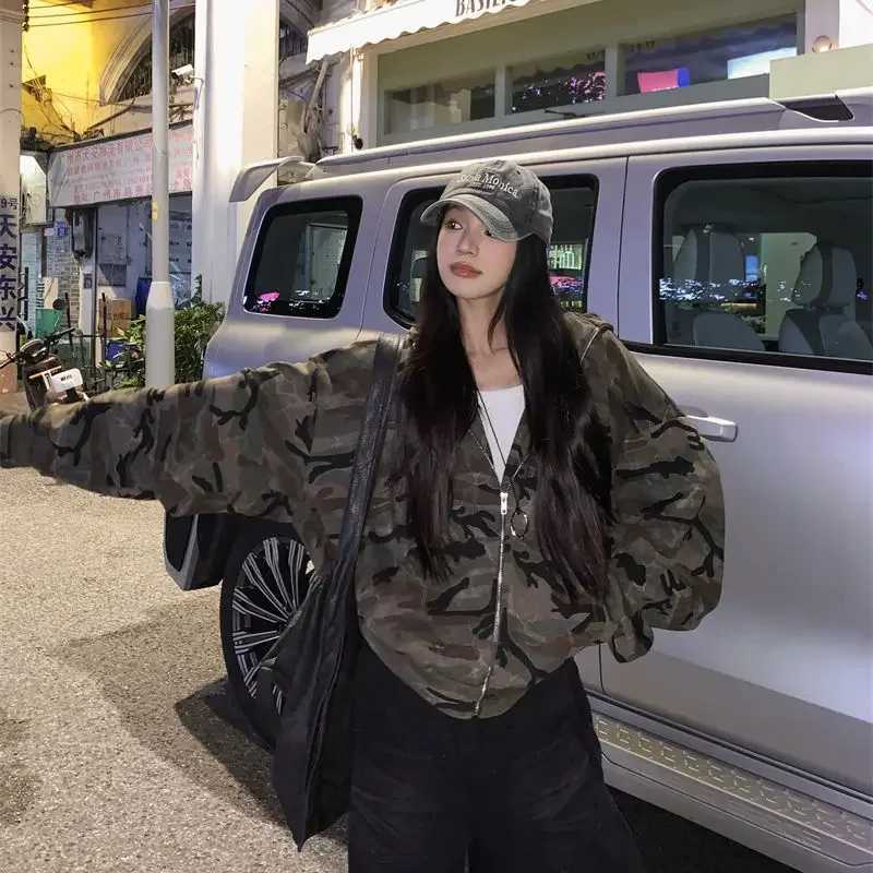 American R Camouflage Hoodie Womens Loose Design Casual Long Zipper Top Versatile Autumn Wear W251014