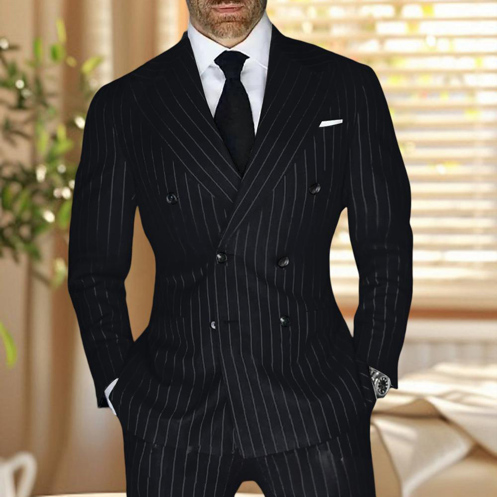 Stripe Double Breasted Men Suits for Wedding Groom Tuxedo Slim Fit Custom Made Pinstriped Male Suit 2 Pcs JacketPants 2024 240528