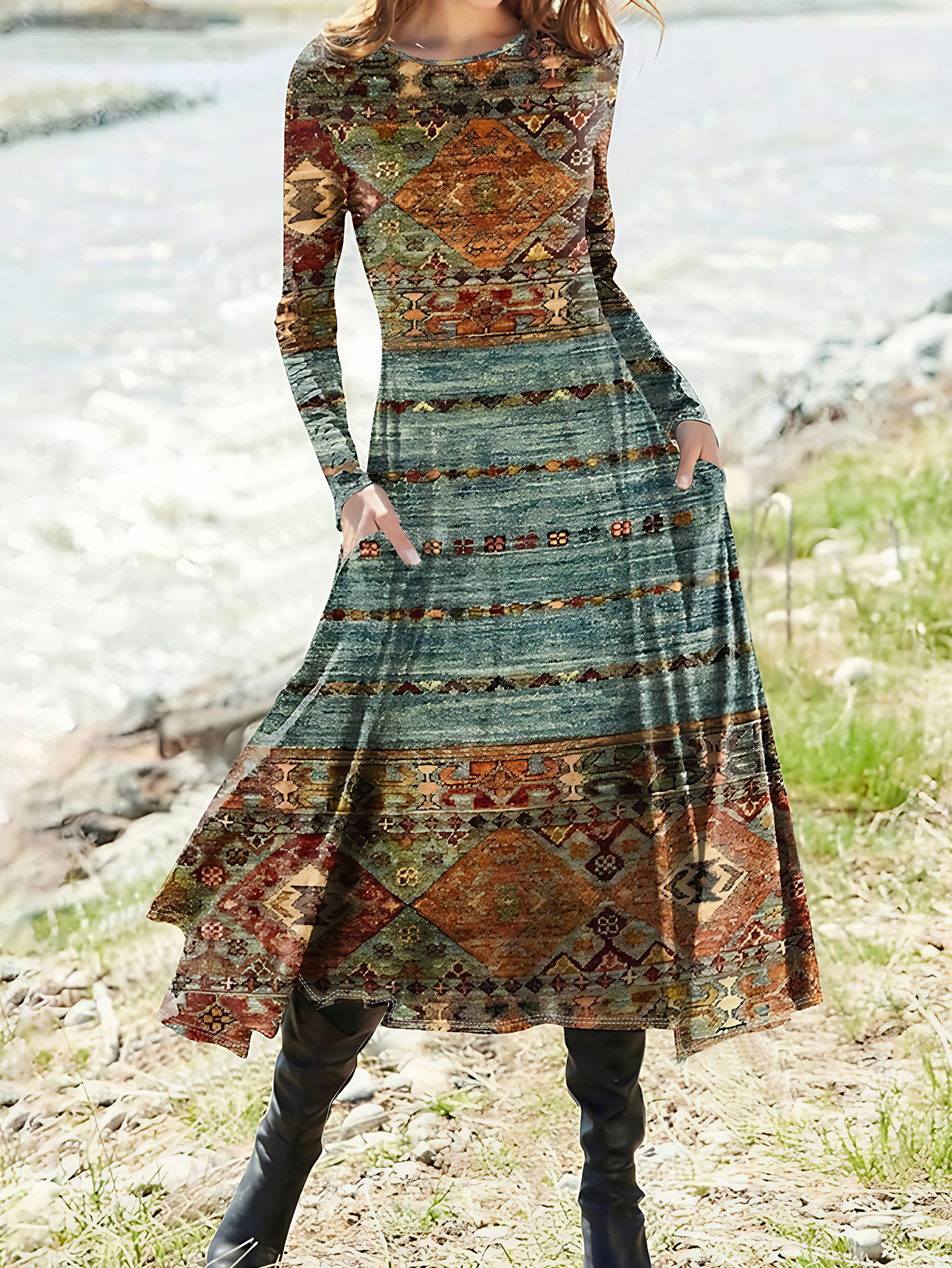 Women's Autumn Winter Ethnic Retro All-Over Printed Long-Sleeve Crew Neck Elegant Midi Dress-CF56358