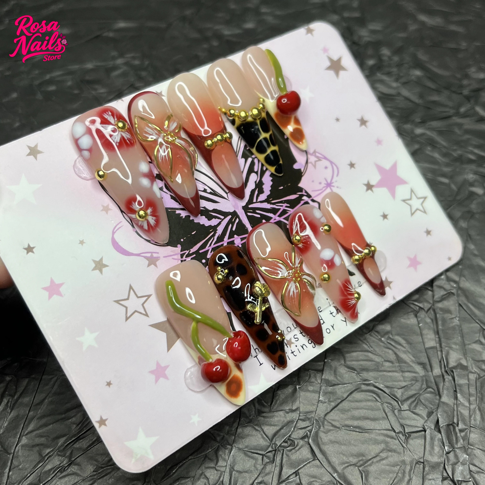 10pcs Handmade Press on Nails Long Stiletto 3D Cherry Press Ons Fall Autumn Gold Flower Golden Floral French Tips Nail Art Nails 251010