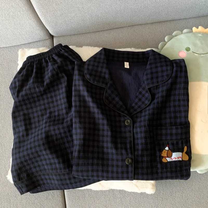 Embroidery Dog Sleepwear Fashion Cute Pajamas Set for Women Plaid Lapel Elastic Waist Design Pajamas Short Casual NightwearT251014