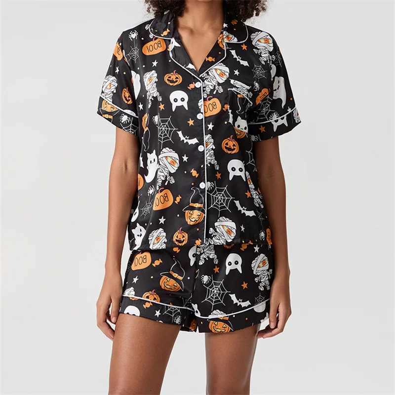 Halloween 2 Piece Pajama Set Women Ghost Pumpkin Graphic Short Pajamas Set Short Sleeve Button Top Comfy Shorts SleepwearT251014