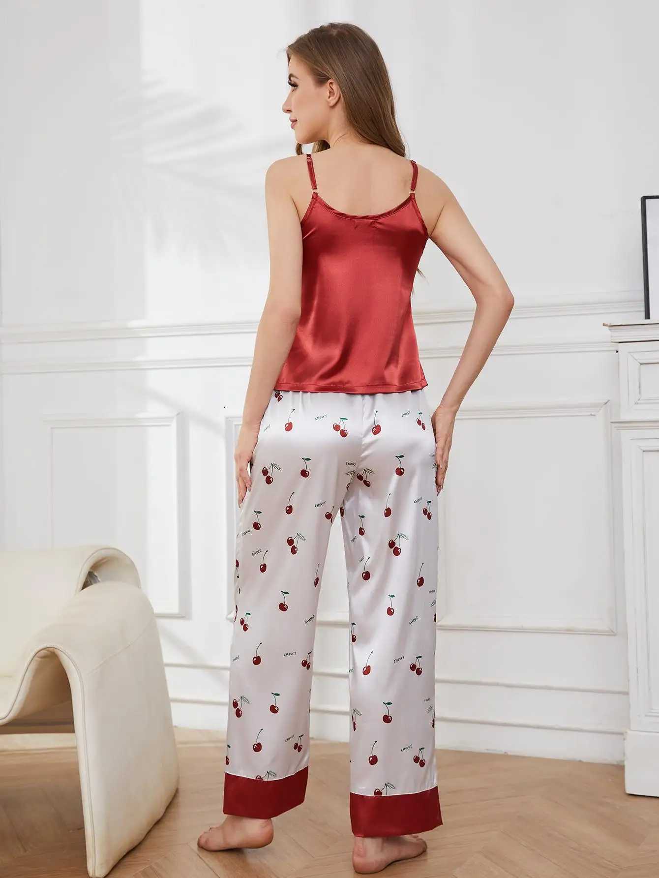 Silk Satin Women Pajama Set V Neck Solid Sleeveless Top Long Cherry Print Pants 2 Pcs Female Sleepwear Nightwear HomewearT251014