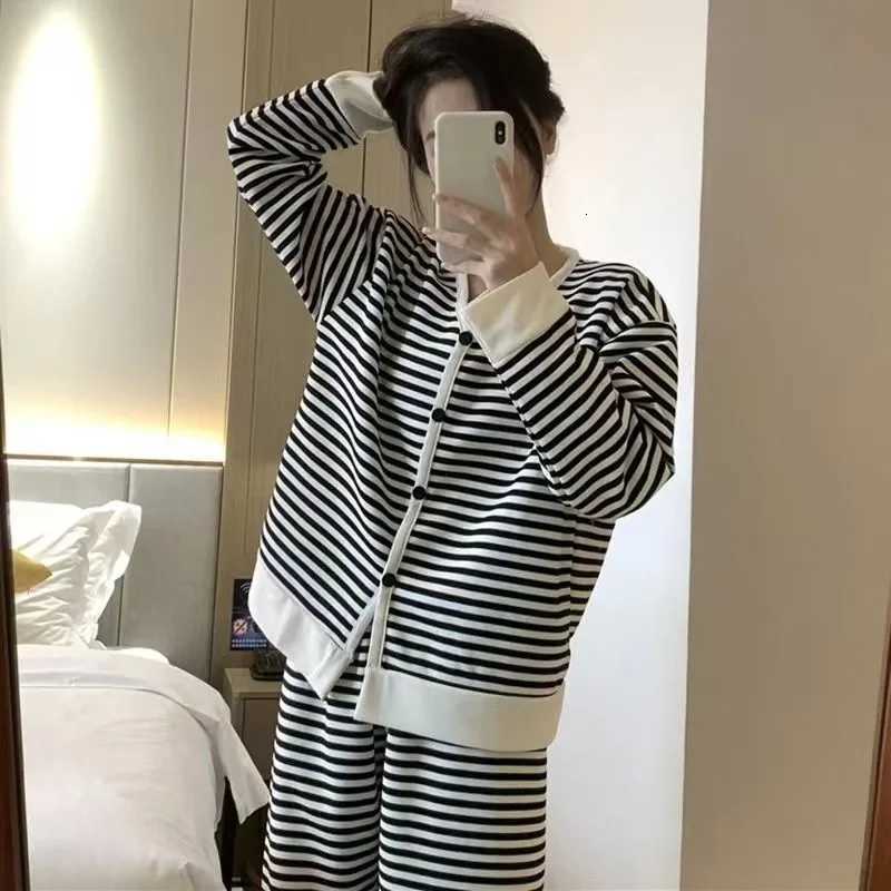 Winter Women Nightwear Striped LongSleeved Trousers Loose and Soft Loungewear Large Size 2 Piece Set Button up Student PajamasT251014