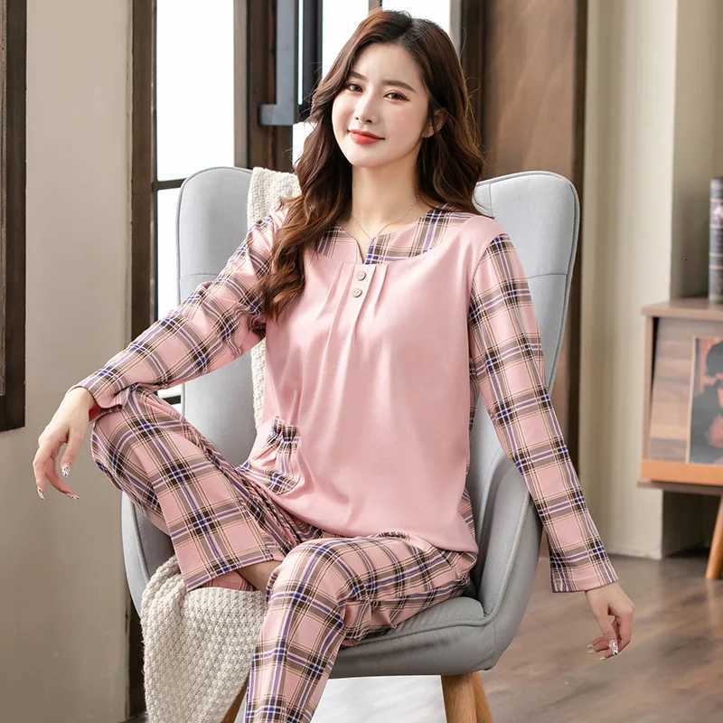 Pyjamas Female Lattice Stitching Soft Cotton Fashion Women Long Sleeve Pajamas Set 2Pieceset Sexy Spring Home Lounge Gift XXXXLT251014