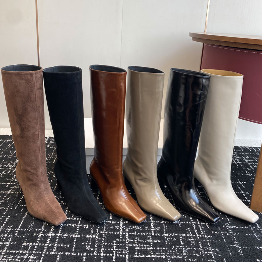Minimalism new khaite Fashion real Leather Square-toes High heels Knight Boot slip on Long Knee boots Women Winter Luxury designer Boot Tall Boots Evening boots