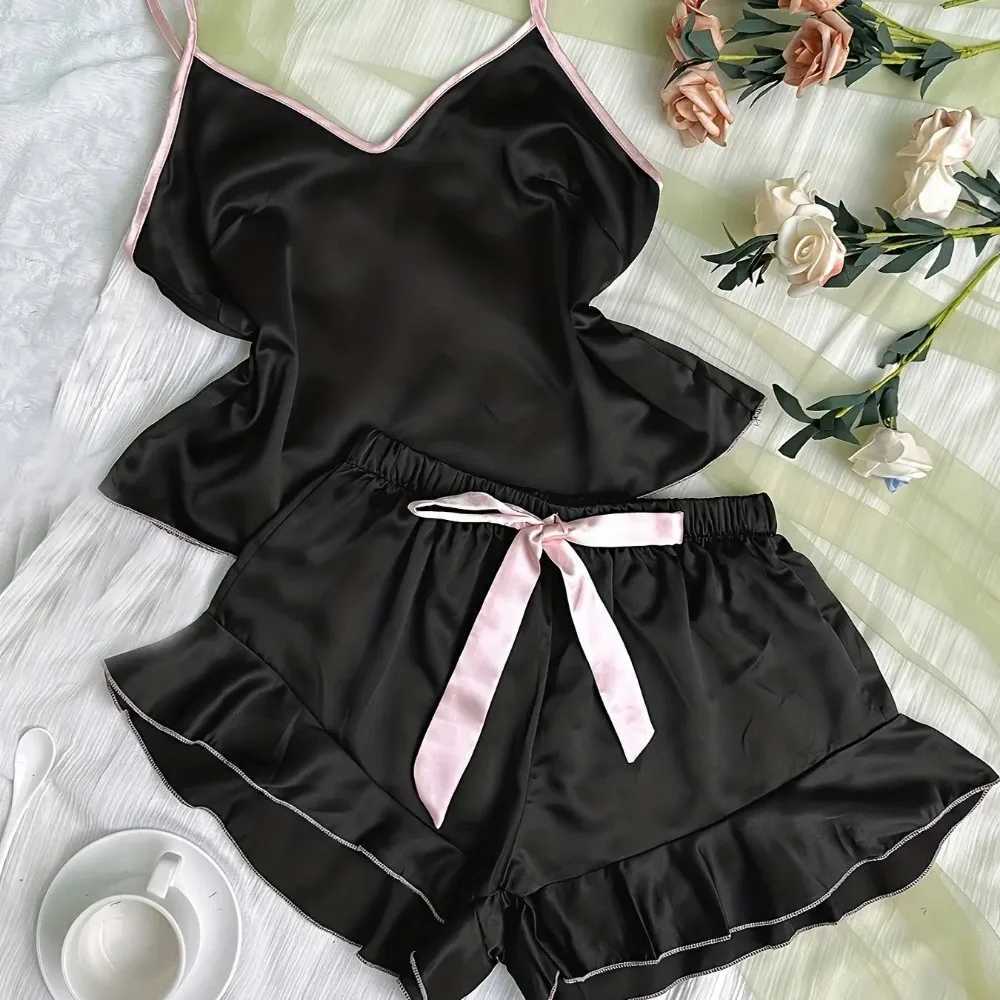 Womens Smooth Satin Pajamas VNeck TShirt Ruffled Edges And Bow Shorts Simple And Breathable Pajama Set Sling Home ClothingT251014