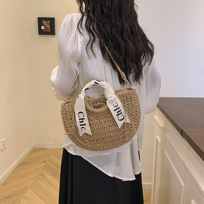 designer bag Letter Scarf Strap Woven Women's Straw Vacation Handbag Round Bucket Bag Beach