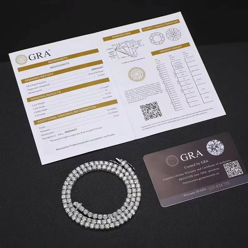 Wholesale 925 Silver 3MM Hip Hop Tennis Chain Necklace VVS Certified Moissanite Diamond Jewelry with GRA Certificate