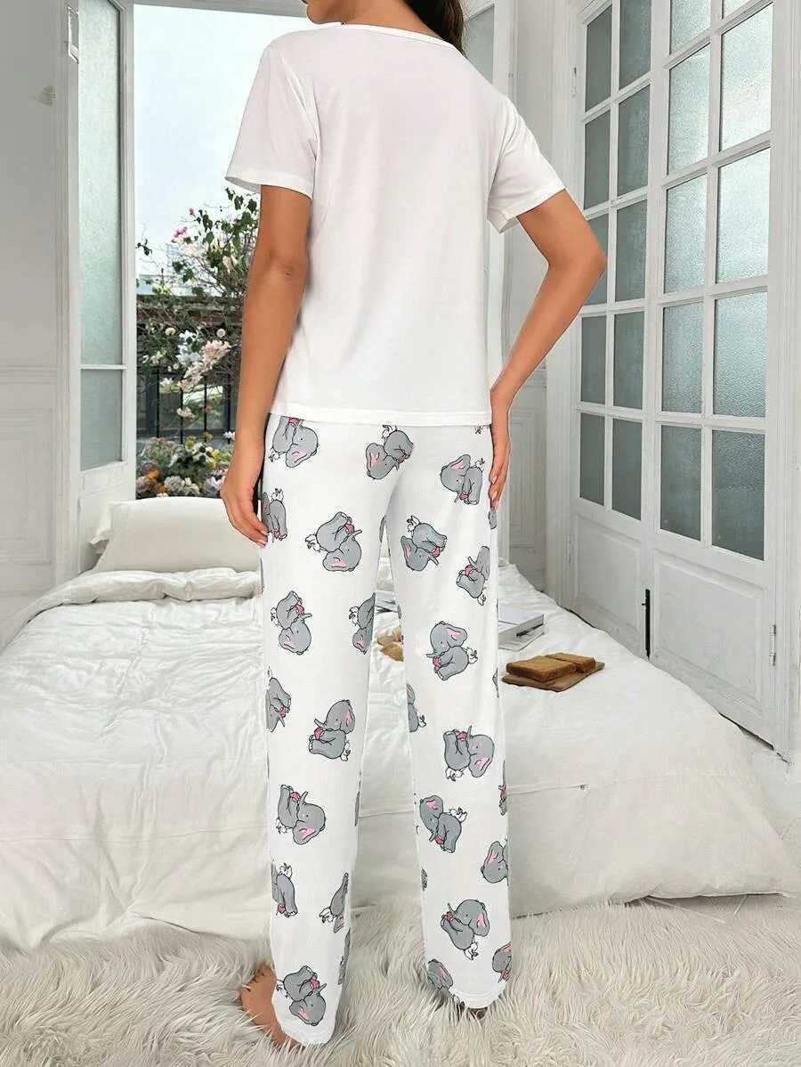 Womens new style small elephant rabbit pattern short sleeve cartoon trousers casual pajamas setT251014