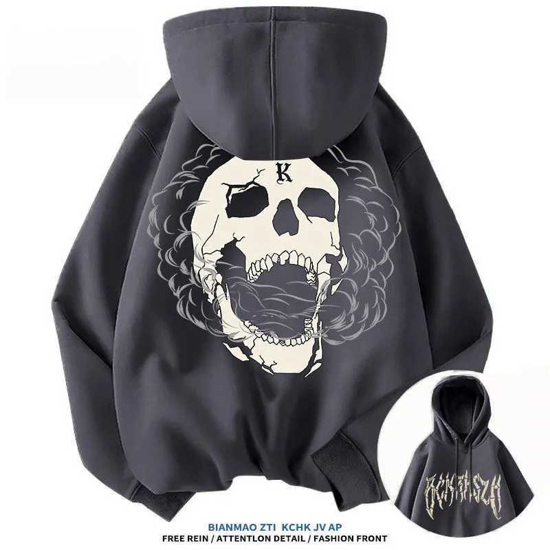 American Street Trendy Brand Skull Element Printed Fashion Trend Hoodie High Street Mens Casual Loose Hoodie With Hat J251014