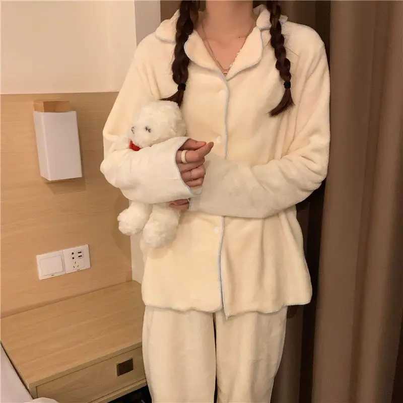 Flannel Womens Pajamas Sets Casual Autumn Winter Sleepwear Velvet Pyjama Ladies Cardigan Simple Bedroom Soft Warm Home Clothes Y251013