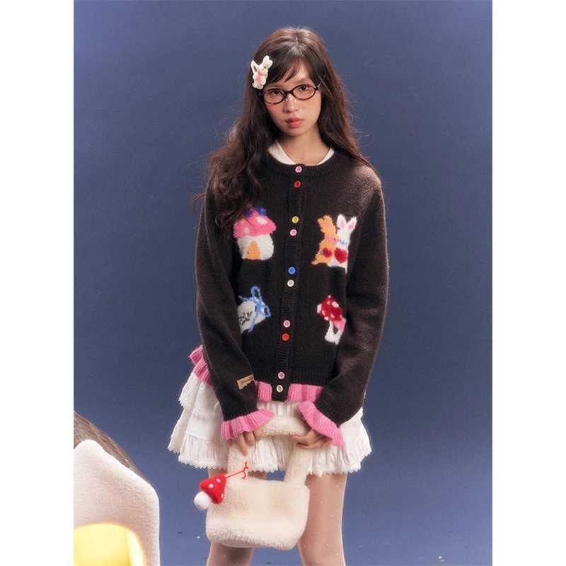 Harajuku Cartoon Knitted Cardigan Women Kaii Print Sweater Outerwears Vintage Korean Patchwork Knitwears Winter Design Jumpers W251014