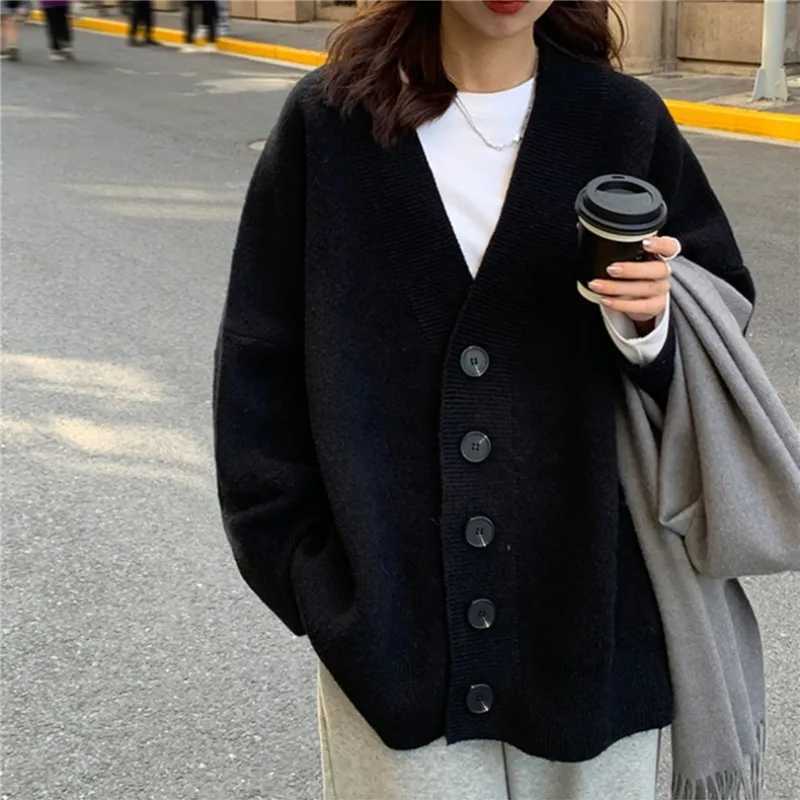 Minimalist Cardigans for Women Loose Bla Single Breasted Vne Knitted Soft Warm Autumn Winter Leisure Simple Ins W251014