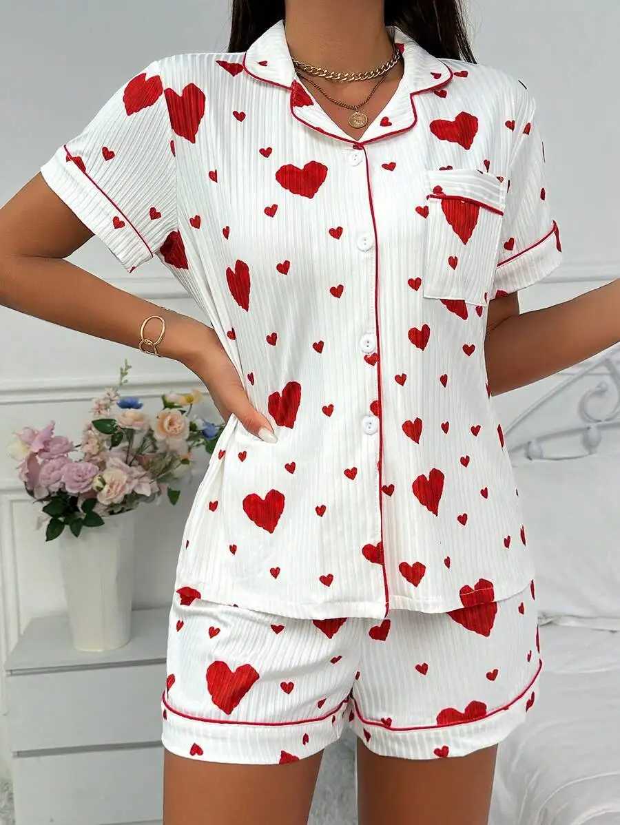 Heart Print Pajama Set Casual Short Sleeve Buttons Lapel Top Elastic Shorts Womens Sleepwear breathable soft Nightwear HomeweT251014