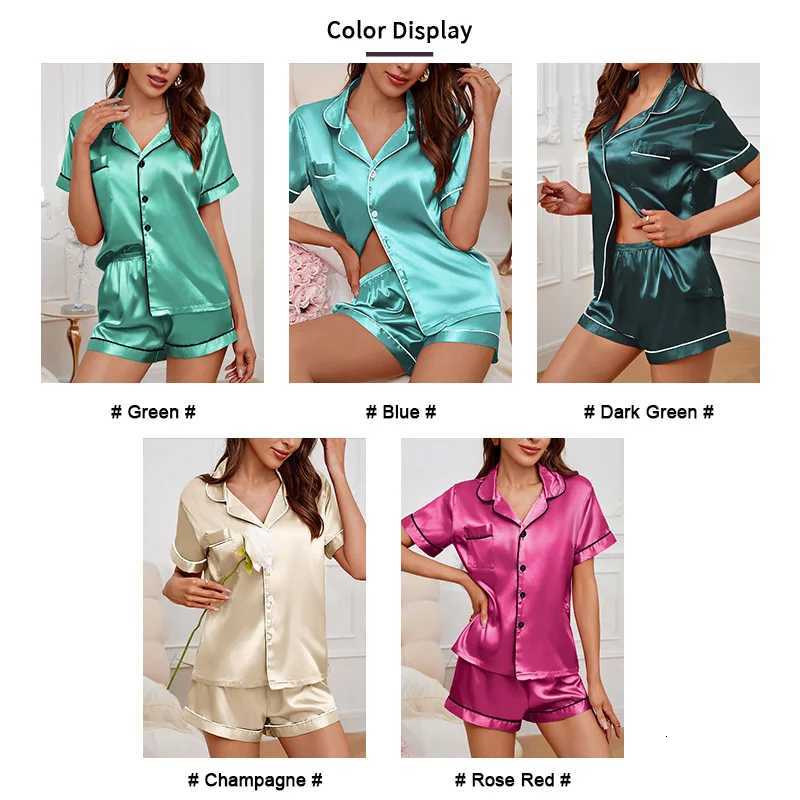 Summer Womens Pajama Set Satin Short Sleeve Lapel Tops with Shorts Sleepwear 2 Piece Loungewear Nightwear Home ClothesT251014