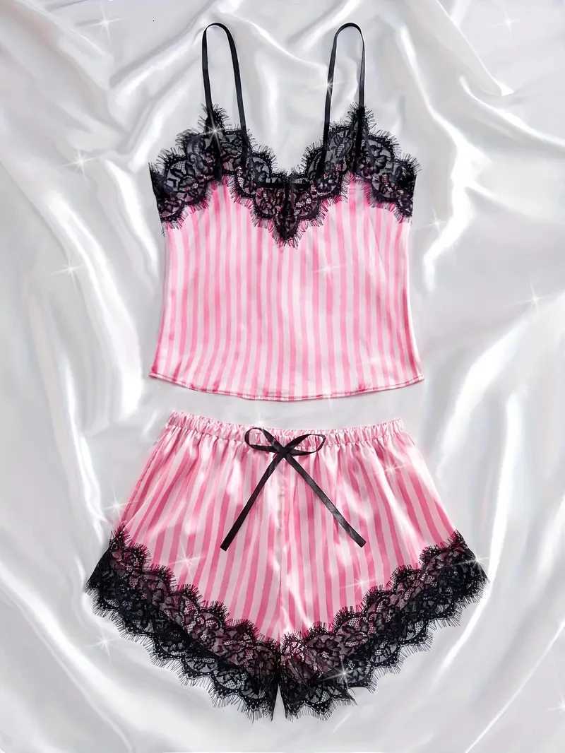 Summer Silk Satin Womens VNeck Sexy Lace Suspender Pajama Shorts Set Stripes Heart Casual Womens Sleeveless Sexy Pajama SetT251014