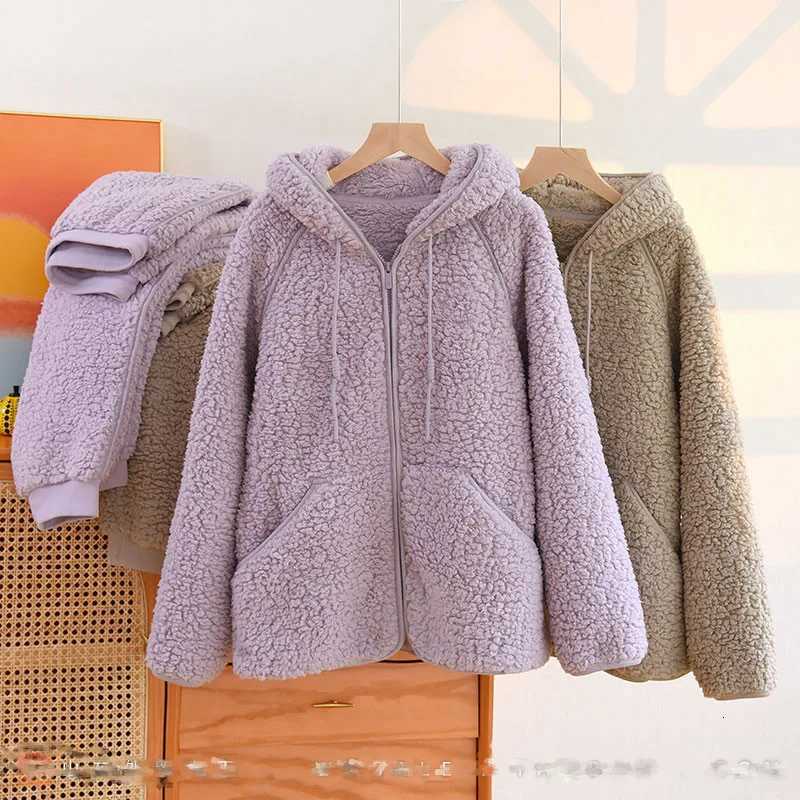 Korean New Women Warm Coral Fleece Pajamas Set Autumn Winter Sleepwear 2 Pieces Home Suit Casual Hooded Pajamas Night Wear Y251013