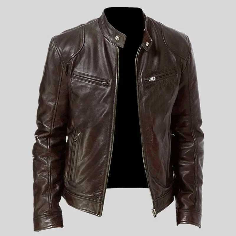 2024 Spring Mens Fashion Leather Jacket Slim Fit Stand Collar PU Jacket Male Antiwind Motorcycle Lapel Diagonal Zipper Jackets J251014