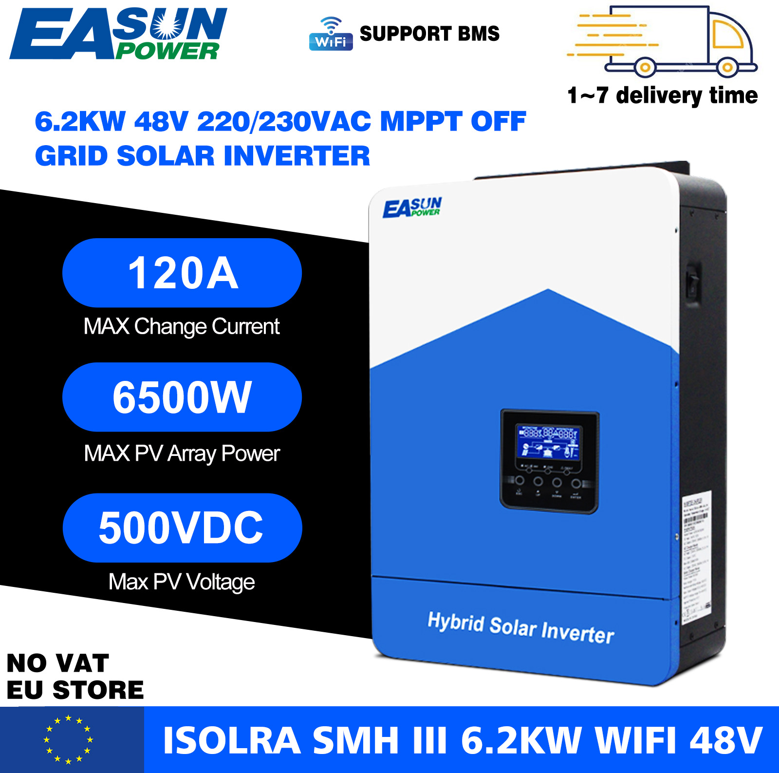 EASUN POWER 6.2KW Hybrid Solar Inverter MPPT 120A 60V to 500VDC PV Input 220VAC 48VDC Solar Battery Charger with WIFI In EU
