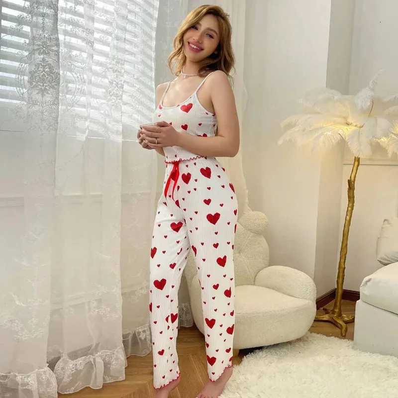Women pajamas plus size pajamas set 2 piece short vest trouser white breathable soft casual love printT251014