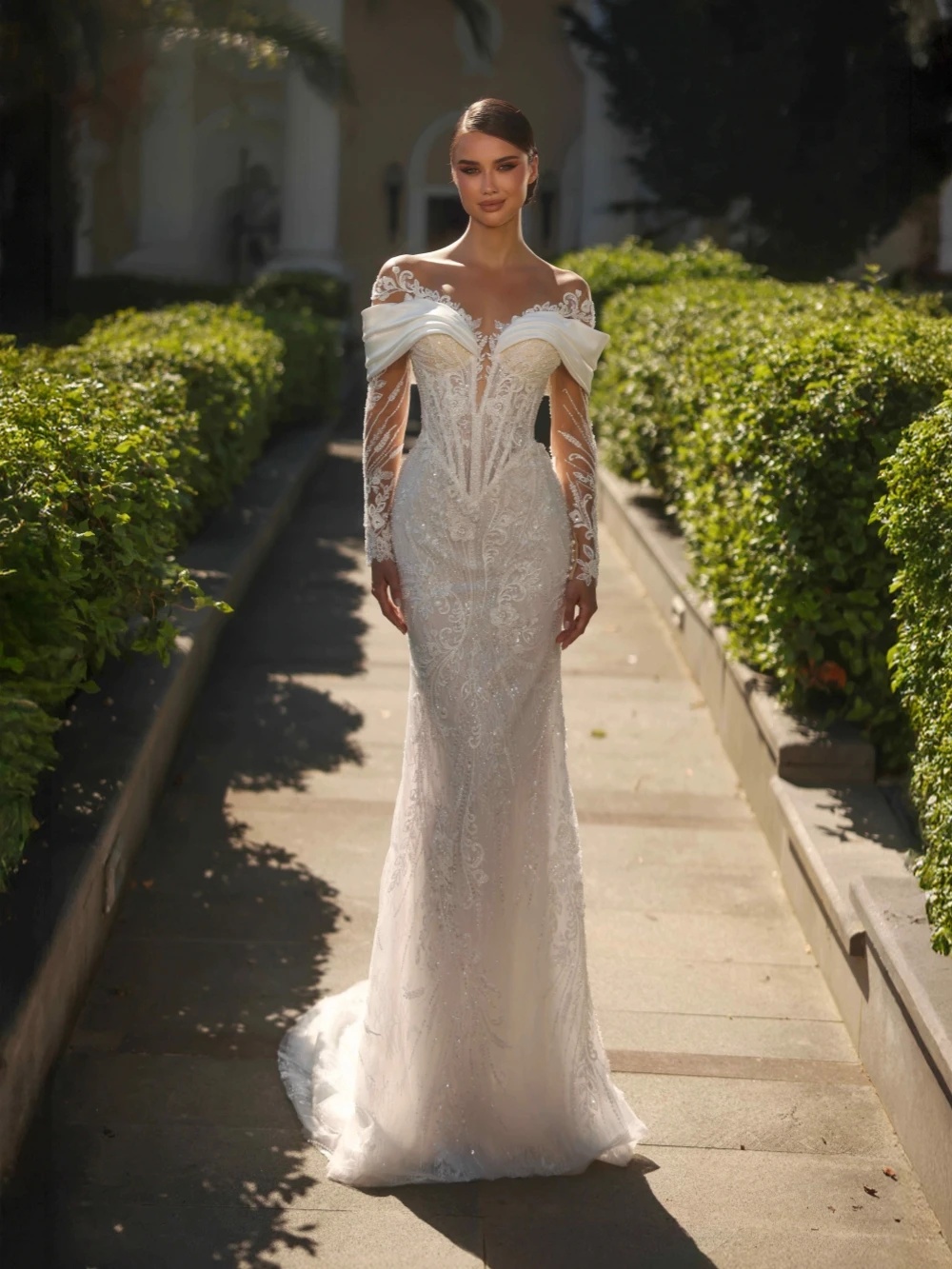 Fashion Wedding Dresses O Neck Sequins Bridal Gowns with Overskirts Appliques Long Sleeves Mermaid Customized Vestidos De Novia Plus Size