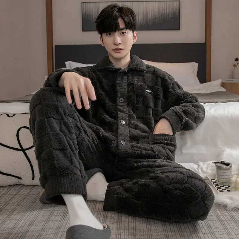 2Pcsset mens pajamas autumn and winter padded and thickened warm longsleeved trousers coral fleece homewear mens clothing Y251013