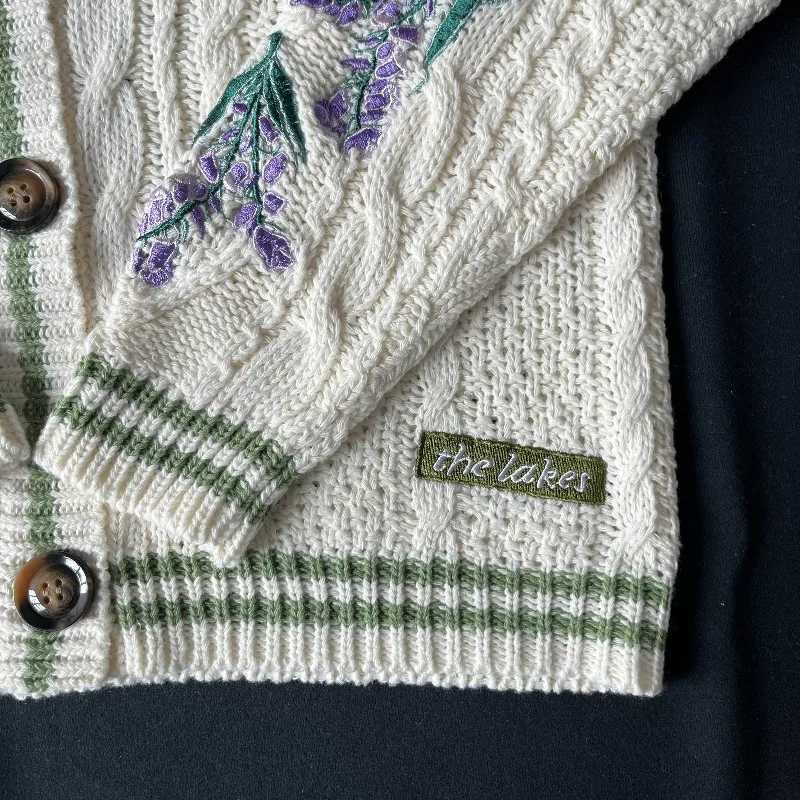 Wisteria e Cardigan Womens Autumn Winter Flowers Embroidery Green Version Cardigans Folklore Knitted Sweater W251014