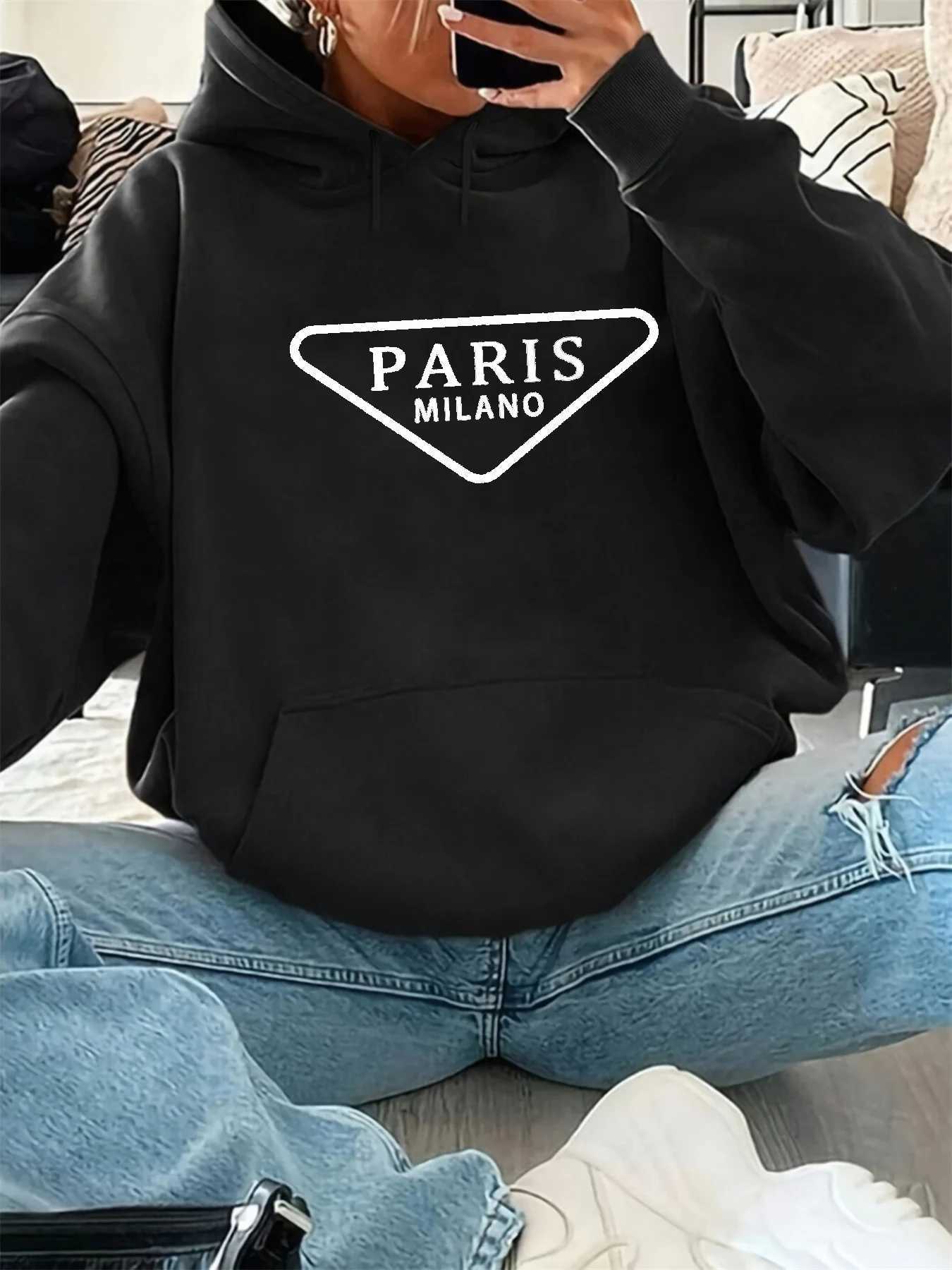 Womens autumn and winter casual fashion loose Paris MILANO pattern printed hooded drstring long sved warm pullover W251014