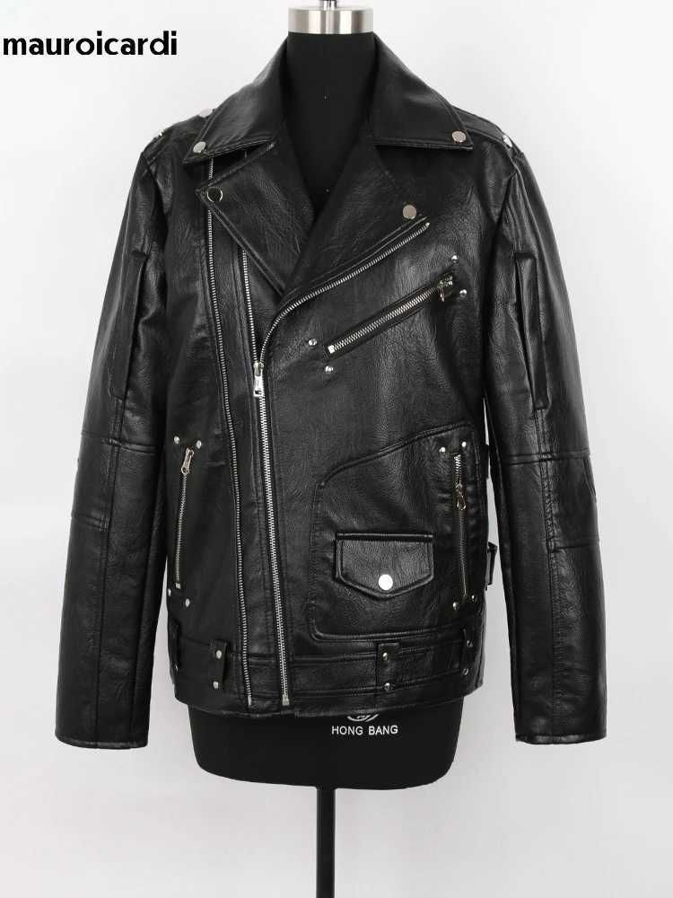 Mauroicardi Spring Autumn Black Pu Leather Biker Jacket for Men Style 2022 Long Sleeve Zipper Plus Size Fashion Men Clothing 5xl J251014