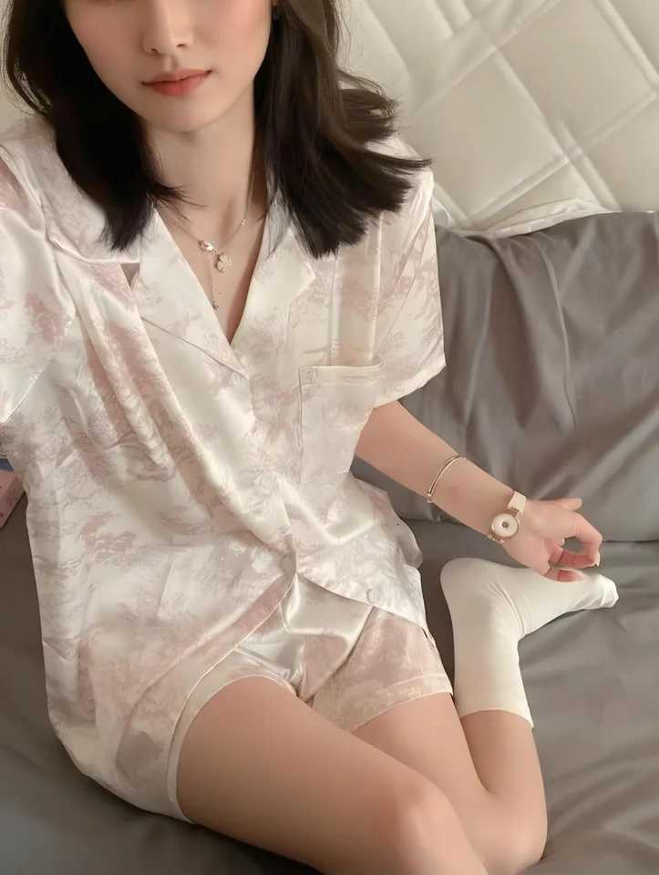 Cherry Print Silk Pajamas Set for Women Summer Short Sleeve Shirt and Shorts Two Pieces Sleepwear Homewear NightwearT251014